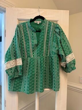 Joy Joy Green Floral Embroidered Boho Top